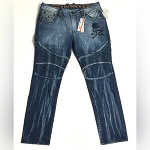 New Rock Revival Montell Biker Distressed Skull Jeans Denim Blue Men’s 38 x 32